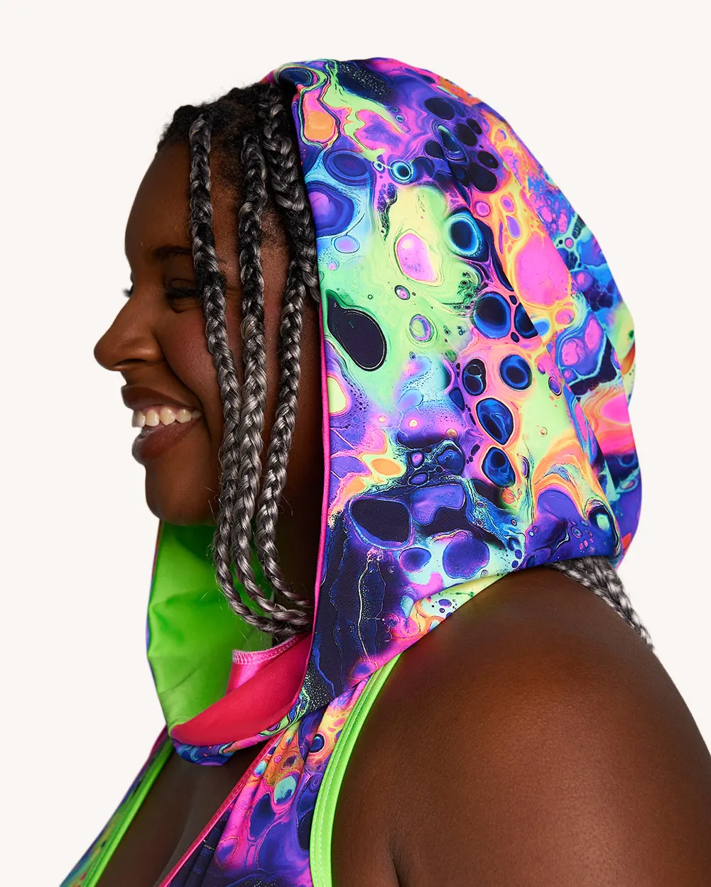 Acid Aura Rolita Couture x iHR Groove n Glow Hood — Detail view