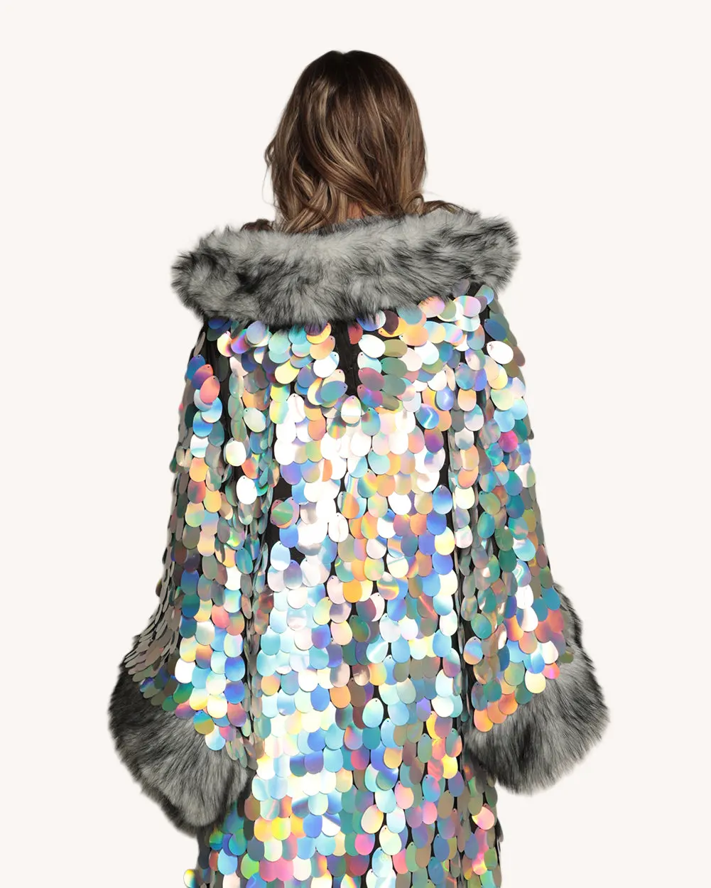 Silver Moon Sequin Duster with Faux Fur — Alternate view