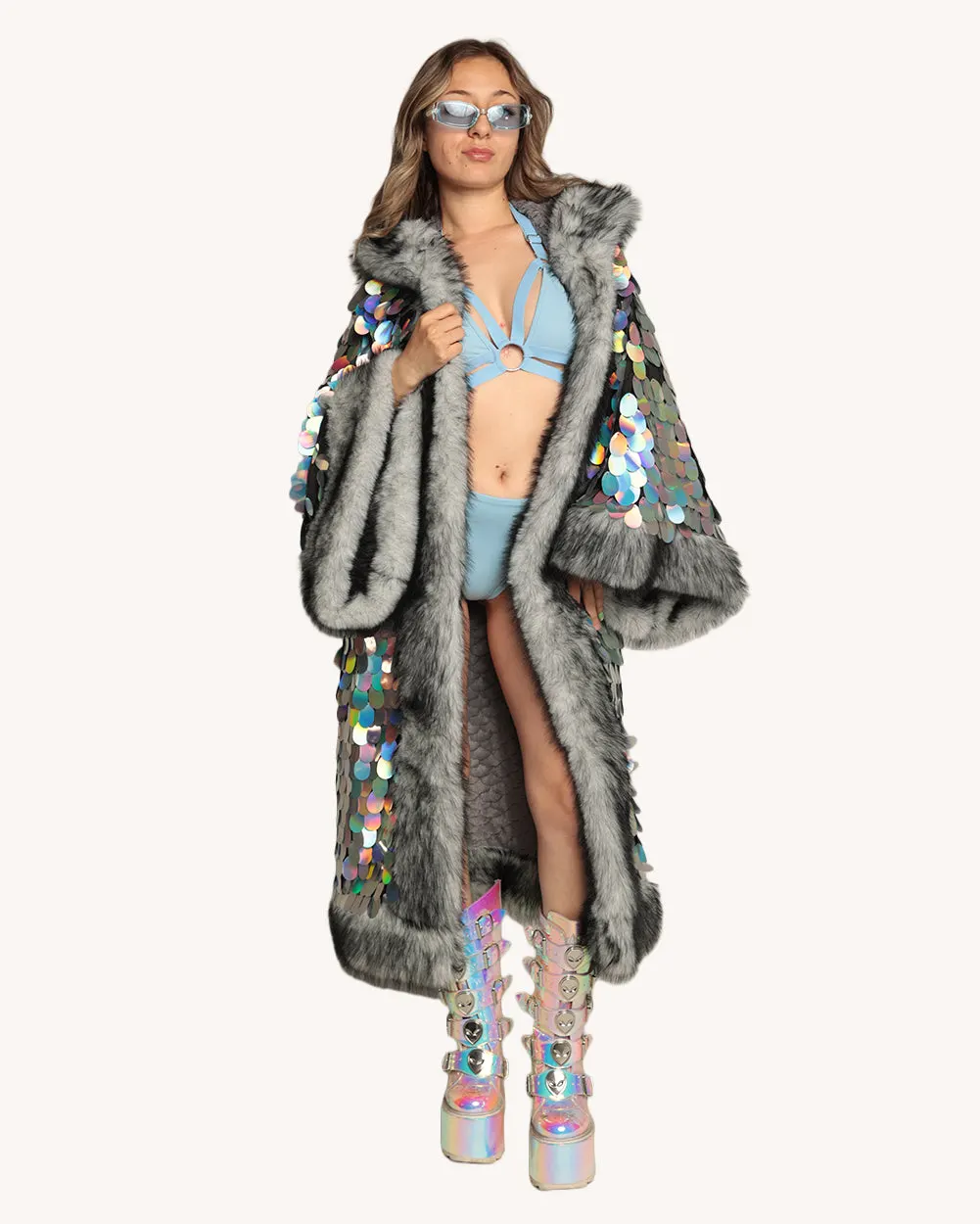 Silver Moon Sequin Duster with Faux Fur — Detail view