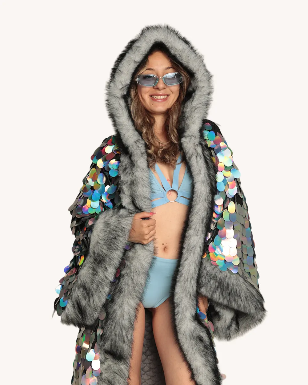 Silver Moon Sequin Duster with Faux Fur