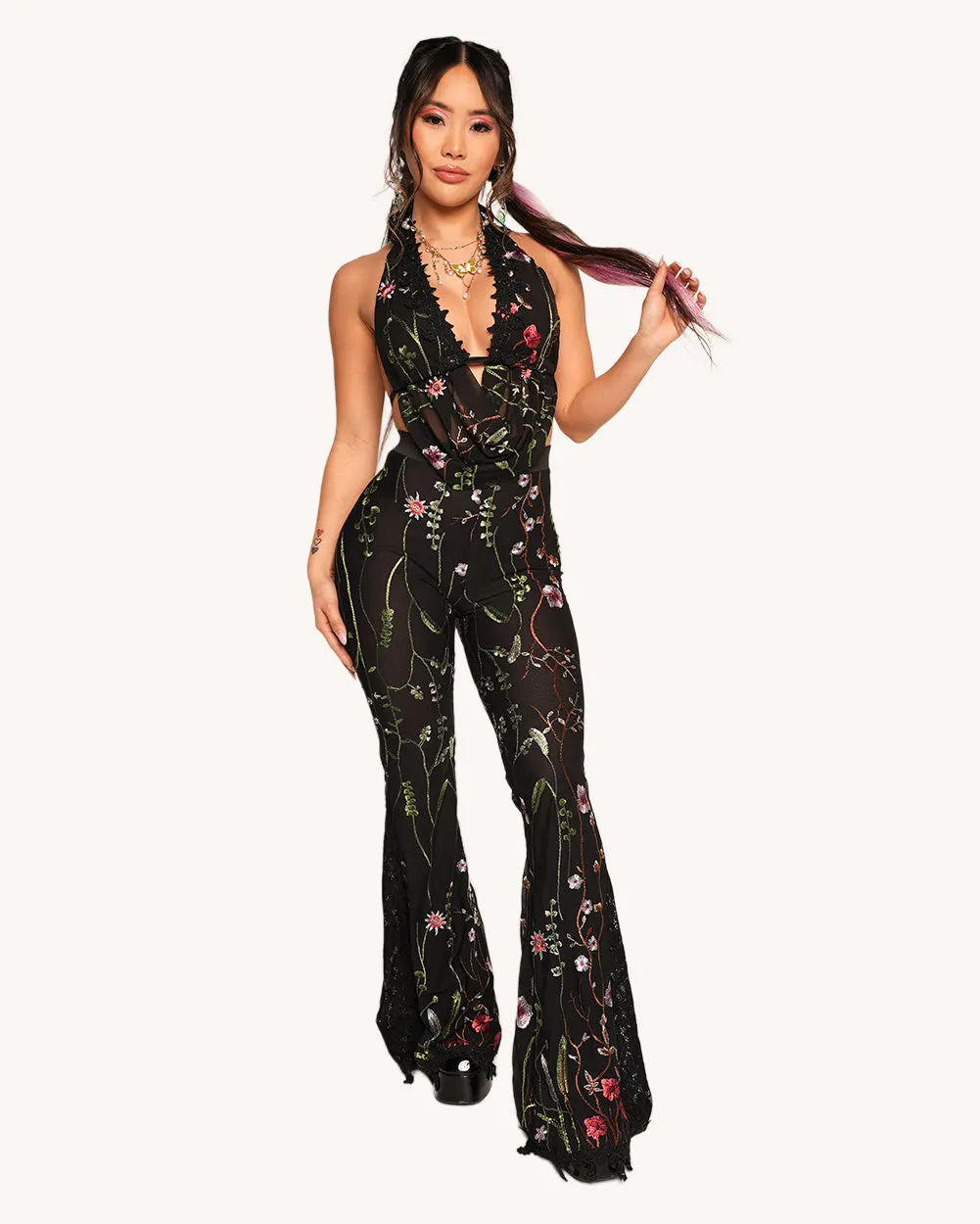 Lace Flower Fields Stretch Bell Bottoms — Detail view
